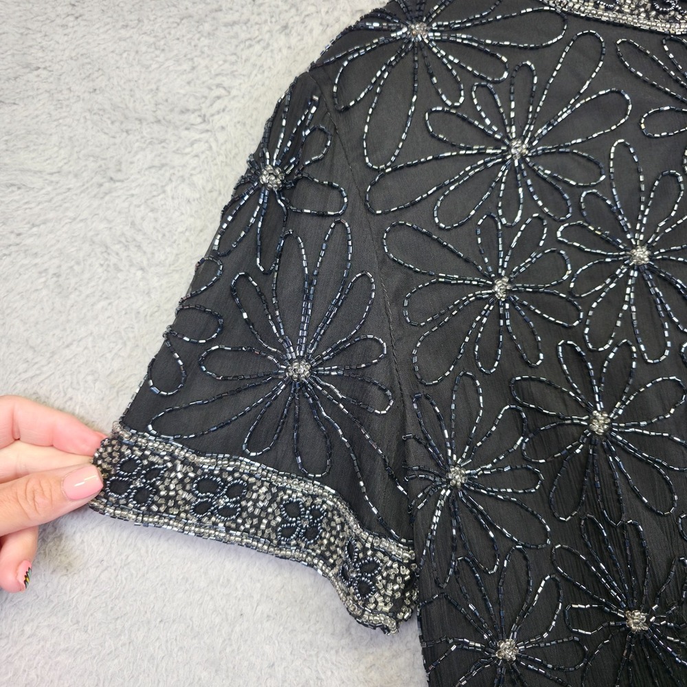 Vintage Papell Boutique Evening Top Womens L Black Silk Beaded Formal Glam Party - Picture 11 of 16
